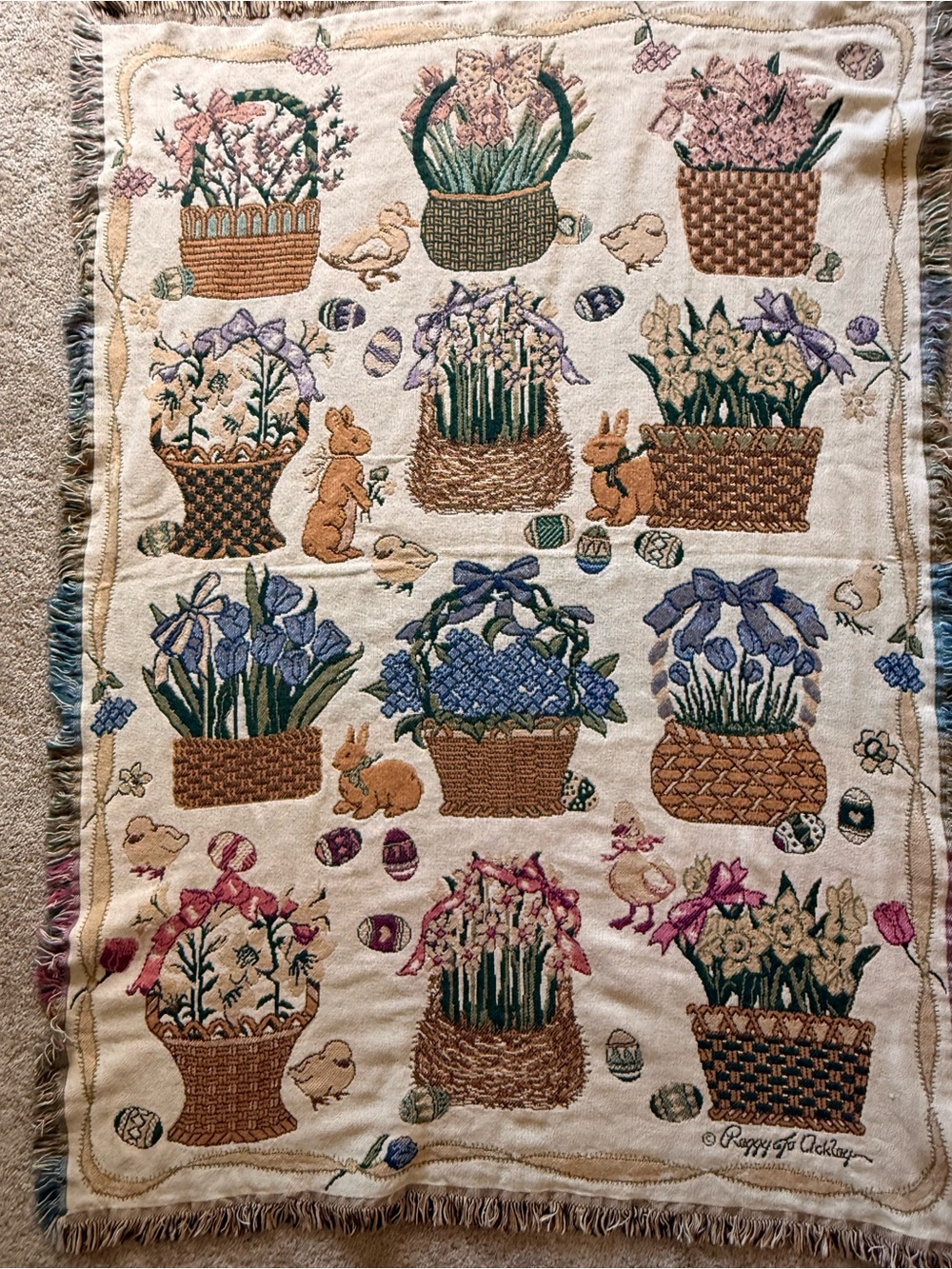 Peggy Jo Ackley Goodwin Floral & Bunny Basket Tapestry Throw